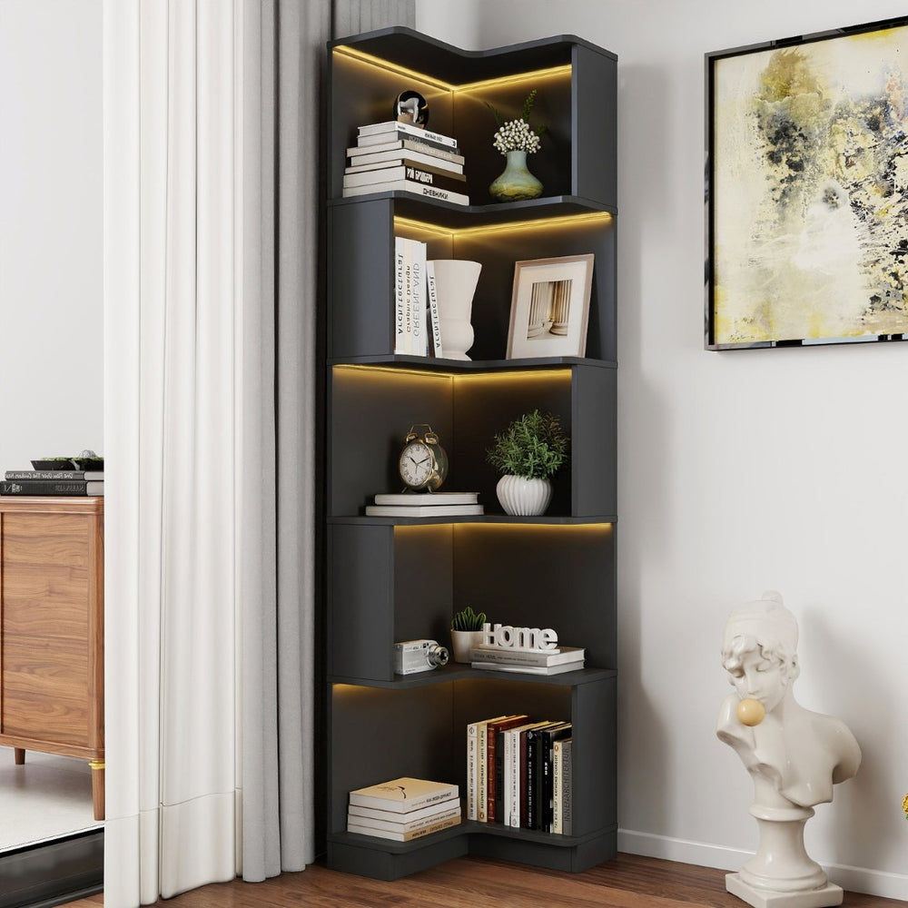 English Elm Corner Bookcase Five Tier L Shaped Freestanding Shelf with Led Lights for Any Room W331P377358