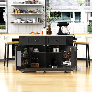 English Elm K&K 48 Inch Kitchen Island Cart with Drop Leaf, Built-In Power Station, Adjustable Shelves & Wheels Black N707P257057B
