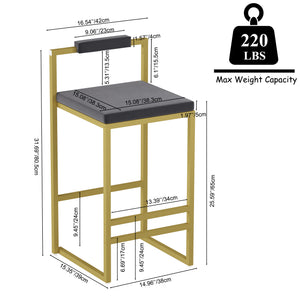 English Elm Set of 2 Velvet Bar Stools with Gold Frame and Footrest — Modern Counter Height Dining Chairs W1757P310420