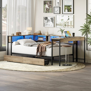 English Elm Corner Twin Platform Bed Bookcase Led Lighting Charging Station Underbed Storage W1670P428838