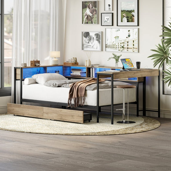 English Elm Corner Twin Platform Bed Bookcase Led Lighting Charging Station Underbed Storage W1670P428838