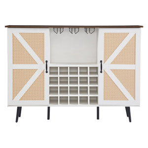 English Elm White Faux Rattan Barn Door Wine Cabinet with 20-Bottle Rack, Glass Holders & Adjustable Shelves W2702P183969