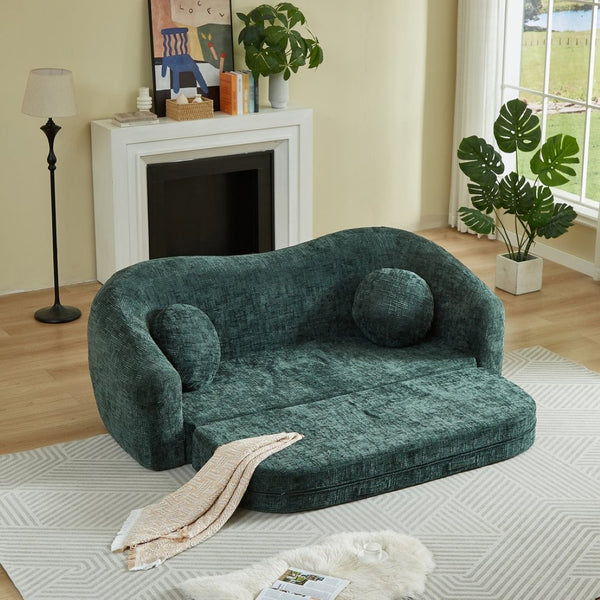 English Elm 86-inch Curved Chenille Convertible Sofa Recliner Frameless Folding Two-seater for Living Room Green W3505P452833