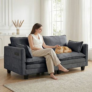 English Elm Modern Chenille Upholstered Loveseat with Usb Ports and Pockets for Compact Living Black W2519P486088