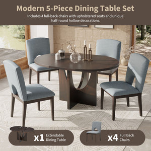 English Elm Topmax Extendable Round Dining Set with Linen Chairs and Pedestal Base Seats Five Espresso N717S000062P
