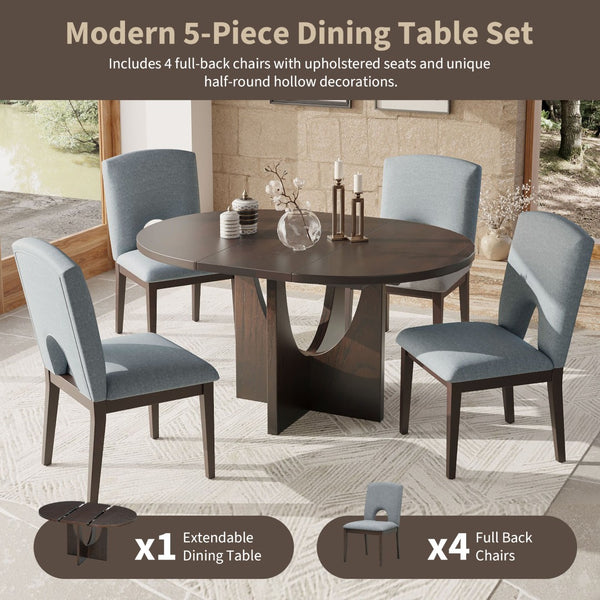English Elm Topmax Extendable Round Dining Set with Linen Chairs and Pedestal Base Seats Five Espresso N717S000062P