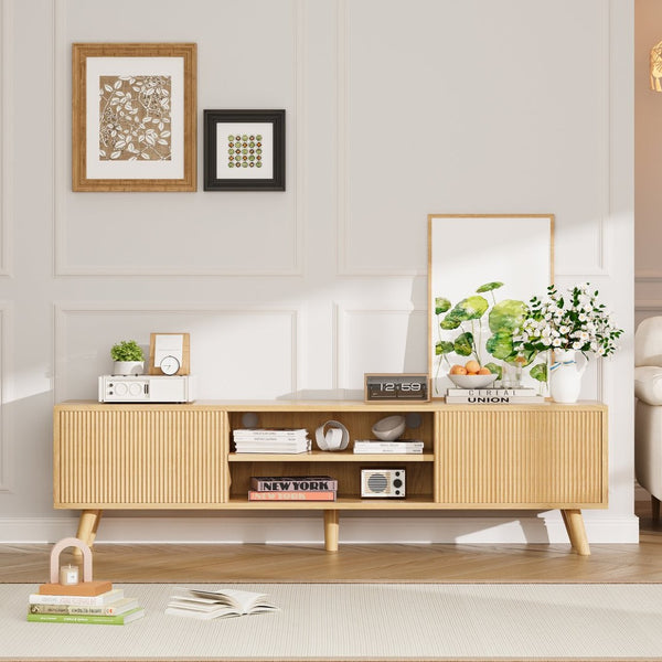 English Elm Fluted Wave Door Oak Finish Tv Stand with Open Shelving for Modern Living Rooms T3773P416488
