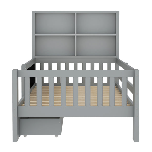 English Elm Twin Chalkboard Platform Bed with Drawers & Shelves, Solid Wood Kids Bed with Storage and Creative Headboard Grey W1580P362706