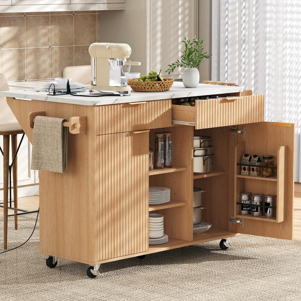 English Elm K&k Fluted Rolling Kitchen Island Faux Marble Top Power Outlet Drop Leaf Storage Natural N707S000019Y