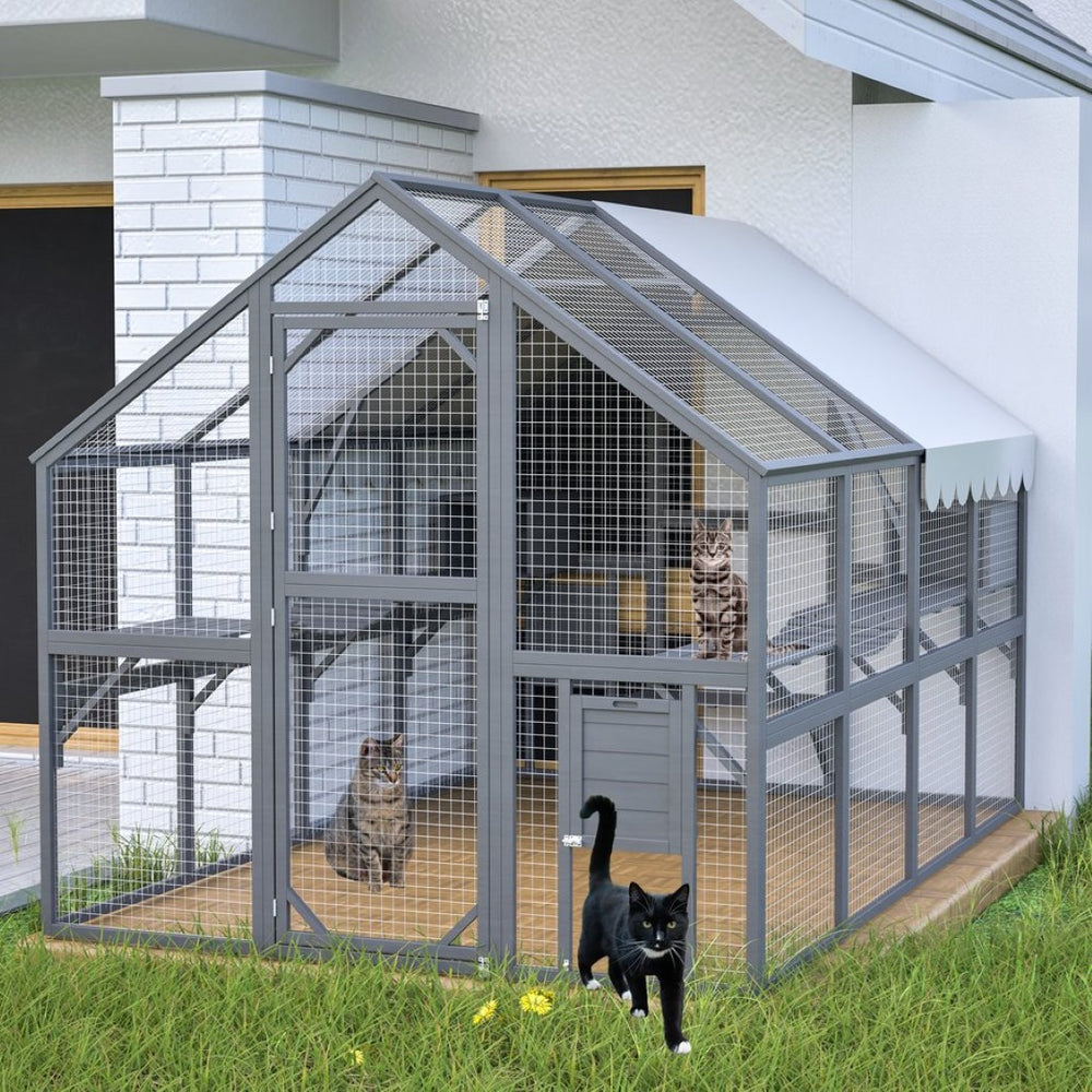 English Elm Extra Large Walk-in Outdoor Cat Enclosure with Oxford Roof Ramps and Dual Resting Huts W1422S00048