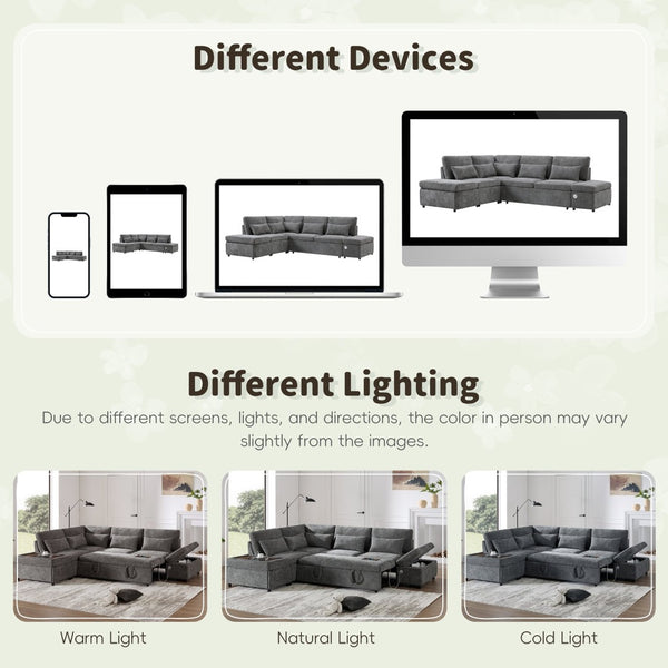 English Elm [video]107'' Chenille Sleeper Sectional with Usb Charging Storage Ottoman and Adjustable Armrest Gray N723S8782E