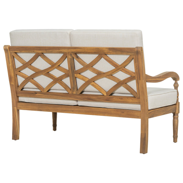 English Elm Christopher Knight Home® - Outdoor Acacia Loveseat with Beige Cushions, Curved Ergonomic Armrests & Carved Lattice Back Elegance N768P271733D