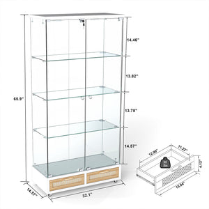 English Elm Modern Glass Display Cabinet With Led Lighting, Lockable Drawers, And Adjustable Shelves For Home Décor W241S00059