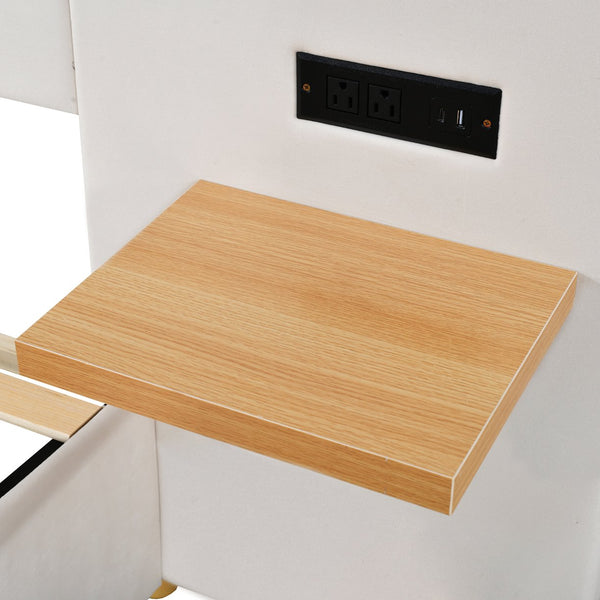 English Elm Full Upholstered Platform Bed with Velvet Headboard, Dual USB Outlets, Built-In Pillows & Shelves Beige WF324744AAA