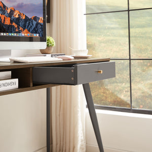 English Elm Mid Century Desk with USB Ports and Power Outlet, Spacious Mid-Century Writing Desk with Drawers for Home Office Comfort and Style Walnut W876P278785