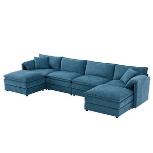 English Elm [new U-shaped Chenille Cloud Sectional 6 Seat Modular Sofa with Movable Ottoman Blue N723S6546C