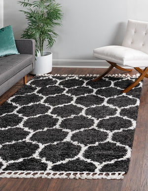 Unique Loom Hygge Shag Trellis Machine Made Trellis Rug Black and White,  5' 3" x 8' 0"