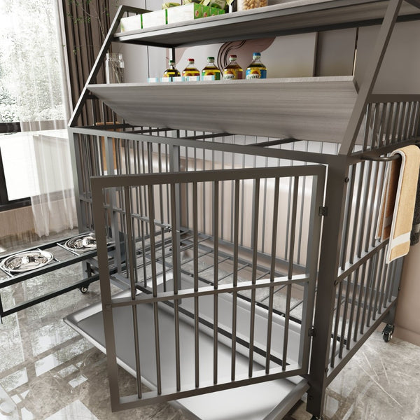 English Elm Large Pet Cage with Iron Frame Mdf Panels Storage Rack and Steel Feeding Basins Black,Gray+Charcoal W3064P245387