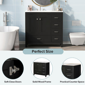 English Elm 36" Black Bathroom Vanity with Ceramic Sink, 2 Soft-Close Doors & 5 Drawers, Modern Storage Elegance N729P183735B