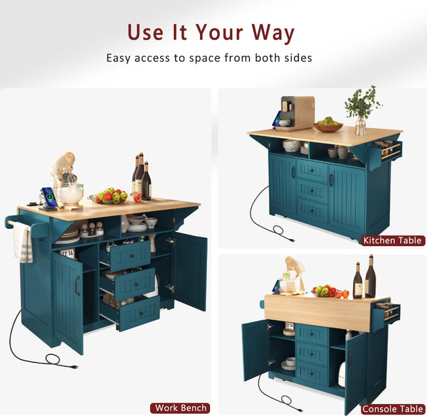 English Elm K&k Rolling Kitchen Island with Drop Leaves Power Outlet Drawers and Spice Rack Green N707S186617E