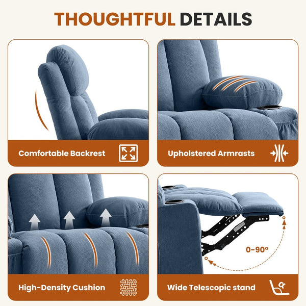 English Elm Swivel Rocker Recliner with Massage Heat and Usb Port for Living Room Comfort W1521P429648