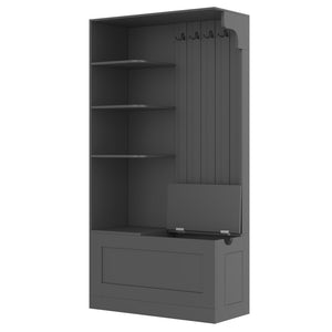 English Elm Multifunctional Modular Hall Tree Cabinet with Open Shelves and Hooks for Entryway Black W1580S00566