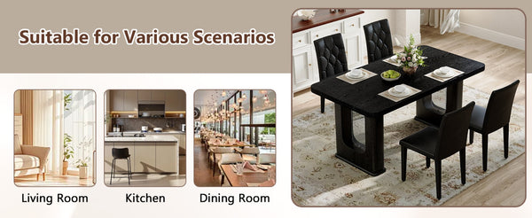 English Elm Table And Chair Set - Modern Black Wood Dining Table With Ergonomic Pu Leather Chairs For Comfort W1151S04311-GIGA