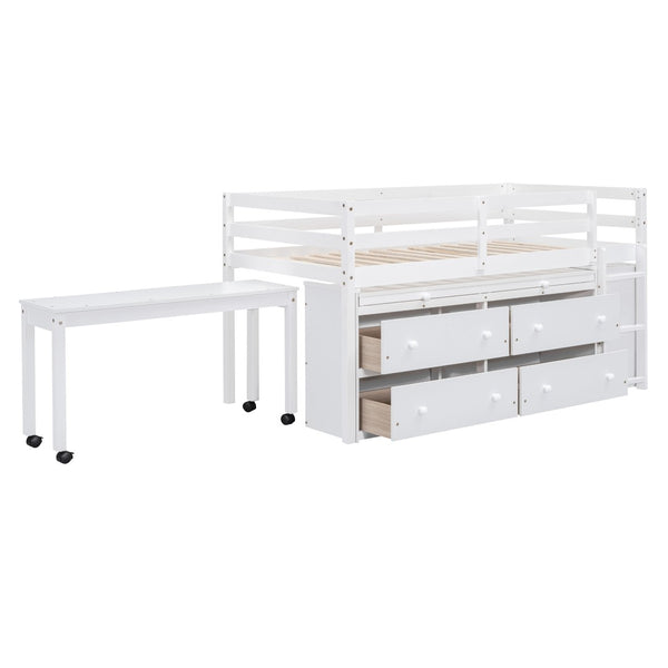 English Elm Twin Loft Bed Pinewood Frame Four Drawers Retractable Study Desk Kids Bedroom White LT000368AAK