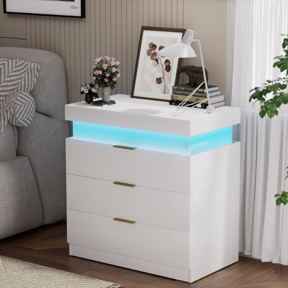 English Elm Nightstand with Built-in Charging Station Rgb Led Lighting and Sliding Top Drawer White W1162P246395