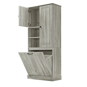 English Elm Tall Storage Cabinet with Flip-Out Basket, Adjustable Shelves & Aluminum Handles for Organized Living Oak N725P322739L
