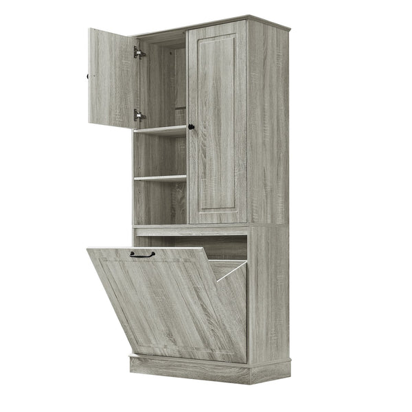 English Elm Tall Storage Cabinet with Flip-Out Basket, Adjustable Shelves & Aluminum Handles for Organized Living Oak N725P322739L