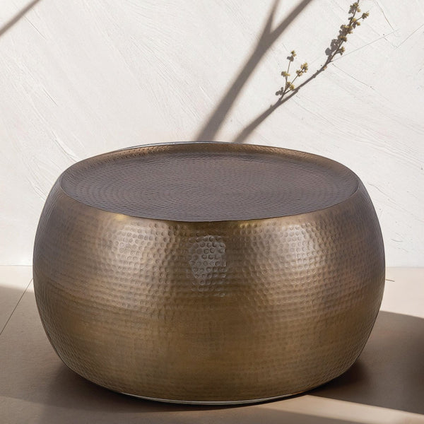 English Elm CT501 Hand-Hammered 32" Round Aluminum Coffee Table with Drum Silhouette and Timeless Texture Gold G150108432