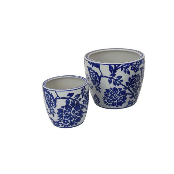 English Elm Garden Ceramic Planter Trio Hand Painted Floral Glazed Japanese Style Home Decor Set White+Blue B056P412621