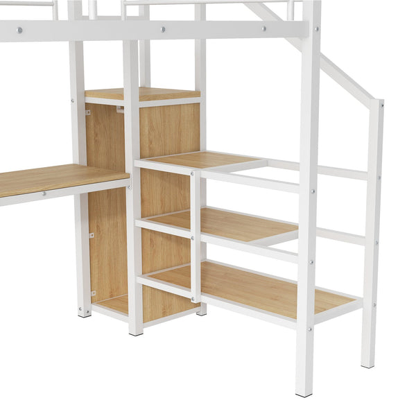 English Elm Full Size Metal Loft Bed With Desk, Storage Staircase, Wardrobe & Led Light For Small Spaces GX000620AAK-1