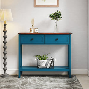 English Elm Farmhouse Pagoda Blue Console Table with 2 Drawers, Bottom Shelf, Anti-Tip Hooks & Rustic Charm W2557P271250