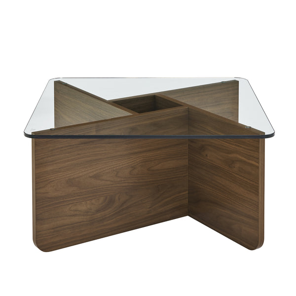 English Elm 31.5 Modern Square Glass Coffee Table with Tempered Top, Mid-Century Style Wooden Base, Durable 330lb Load Capacity Walnut W2972P277853