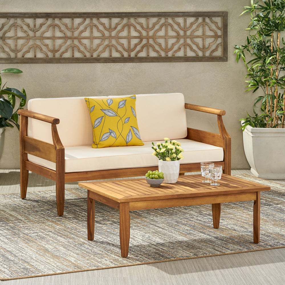 English Elm Christopher Knight Home® - Aston Acacia Wood Outdoor Loveseat Set with Water-Resistant Cushions and Mid-Century Modern Frame Cream 68891.00CRM
