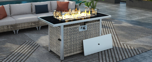 English Elm K&K 43" Propane Gas Fire Pit Table 60000 BTU Open Weave Wicker with Glass Wind Guard & Blue Stones Grey N707P210158G