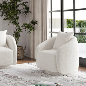 English Elm Swivel Barrel Armchair in Teddy Fabric with Lumbar Pillow and Solid Wood Legs White T3623P430697