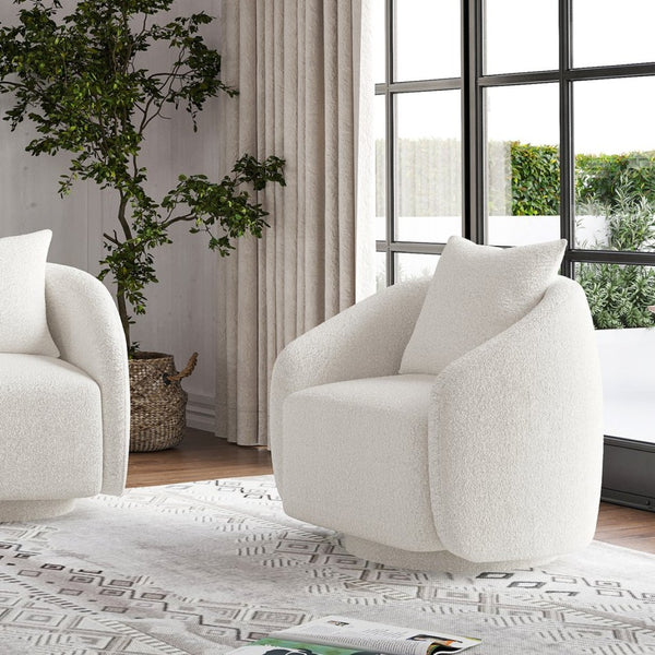 English Elm Swivel Barrel Armchair in Teddy Fabric with Lumbar Pillow and Solid Wood Legs White T3623P430697