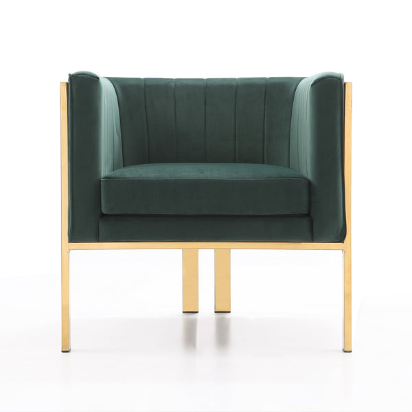 English Elm Paramount Velvet Lounge Chair with Polished Brass Stainless Steel Frame, Plush High-Density Comfort Green B365P397978