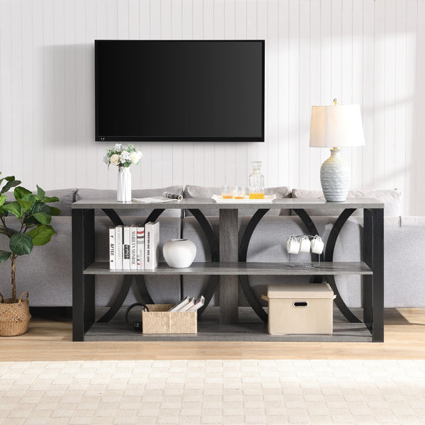 English Elm 3-Tier Industrial Console Table with Circular Frame Design, 70.87" Long Narrow Entry Shelf for Hallway Black+ Gray W2317P230086