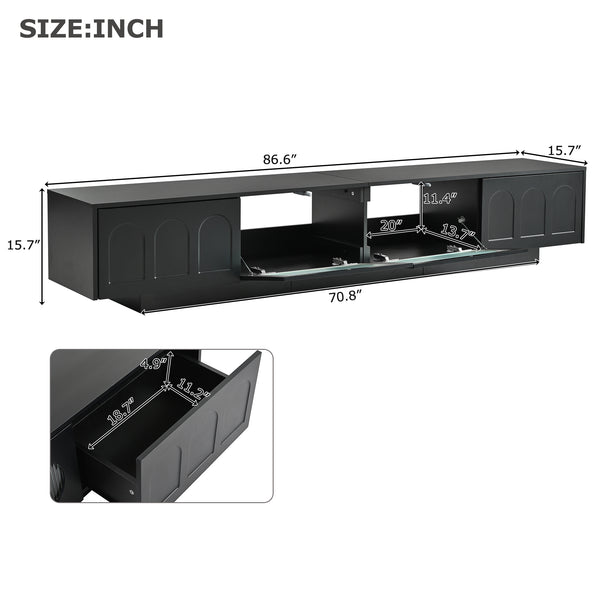 English Elm ON-TREND TV Stand with App-Controlled RGB LED, Fluted Tempered Glass Arched Doors, Sleek Media Console Black WF531672AAB
