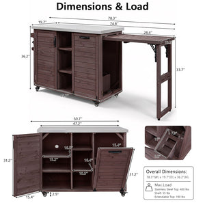 English Elm K&k Outdoor Rolling Kitchen Island Fir Wood Stainless Steel Top with Foldable Prep Station Dark Brown N707P370276Z