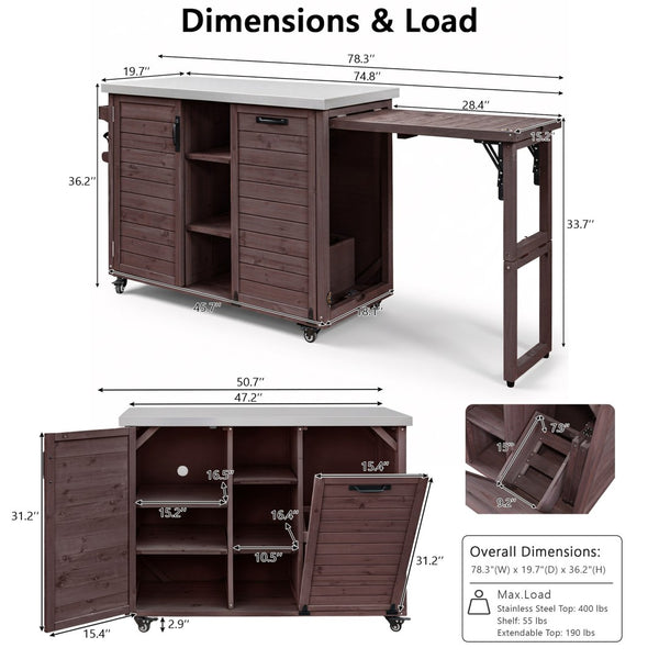 English Elm K&k Outdoor Rolling Kitchen Island Fir Wood Stainless Steel Top with Foldable Prep Station Dark Brown N707P370276Z