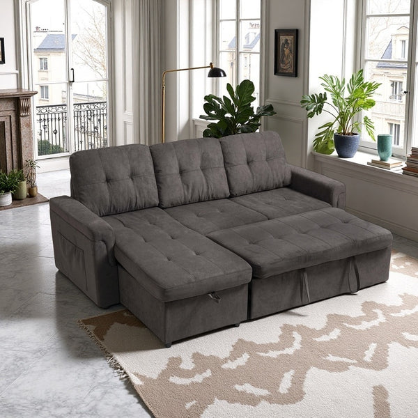 English Elm Upholstered L-Shaped Sleeper Sofa with Reversible Storage, Pull-Out Bed & Breathable Flannel Finish W3138S00001