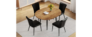 English Elm Table And Chair Set - Modern Extendable Mdf Dining Table With 4 Stylish Black Pu Chairs For Gatherings W1151S04145-GIGA