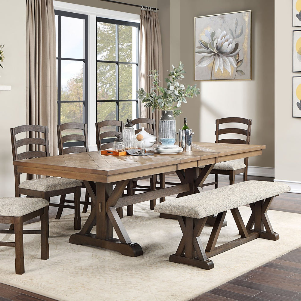 English Elm Grey Upholstered Bench with X Trestle Base, Grey & Rustic Brown Fabric, Oak Finish, Durable 60-inch Seating B062P209274