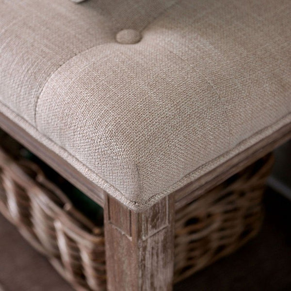 English Elm Rustic Bench with Button-Tufted Cushion, Spacious Open Lower Shelf for Storage and Entryway Use Beige 62 L x 18 W x 8 H B2741P345167