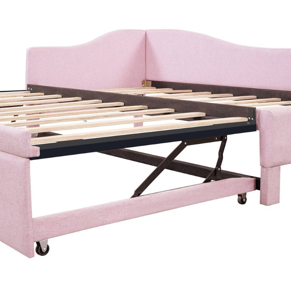 English Elm Twin L-shaped Linen Upholstered Daybed with Hydraulic Pop-up Trundle for Guest Rooms Pink SF000193AAH-1